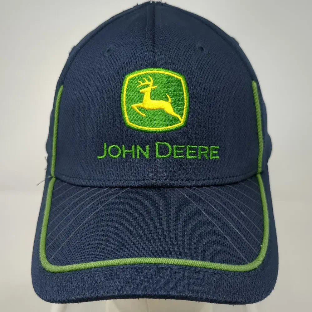 John Deere Baseball Cap Blue One Size Fitted Green Piping Logo Agriculture Hat